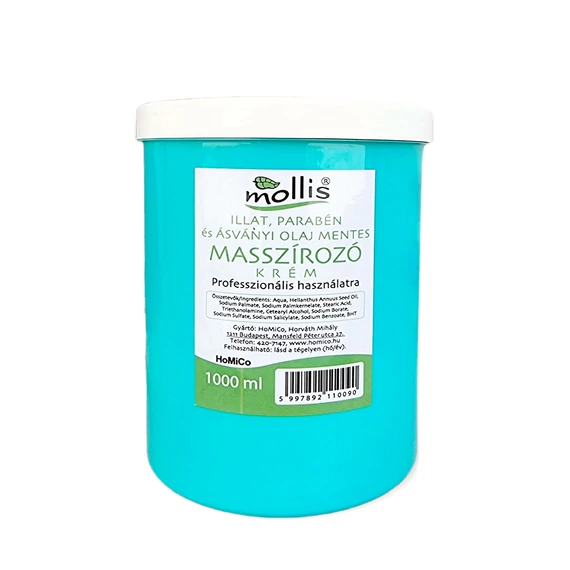 Mollis illat-, ásványolaj- és parabénmentes masszírozó krém, 1 l