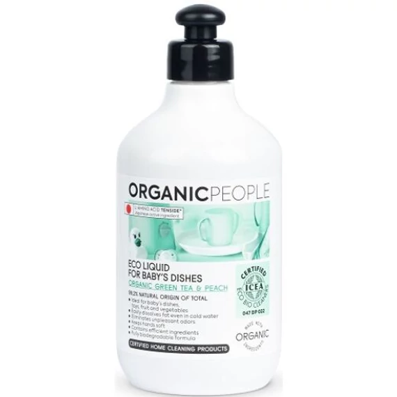 Organic People öko mosogatószer babaedényekhez bio zöld teával és barackkal, 500 ml